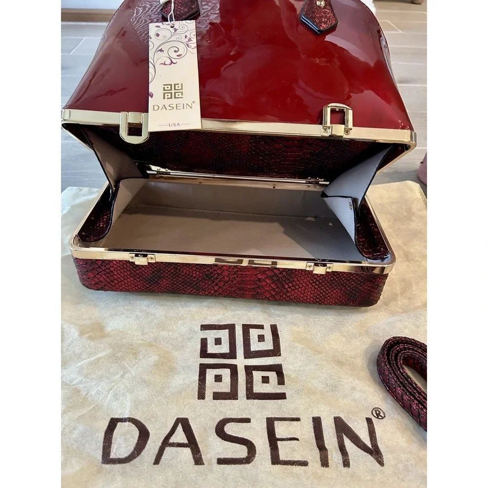 Dasein Red Patent Satchel Top Handle Bag‎ Zip/Latch w/ Detachable Strap Dust Bag
